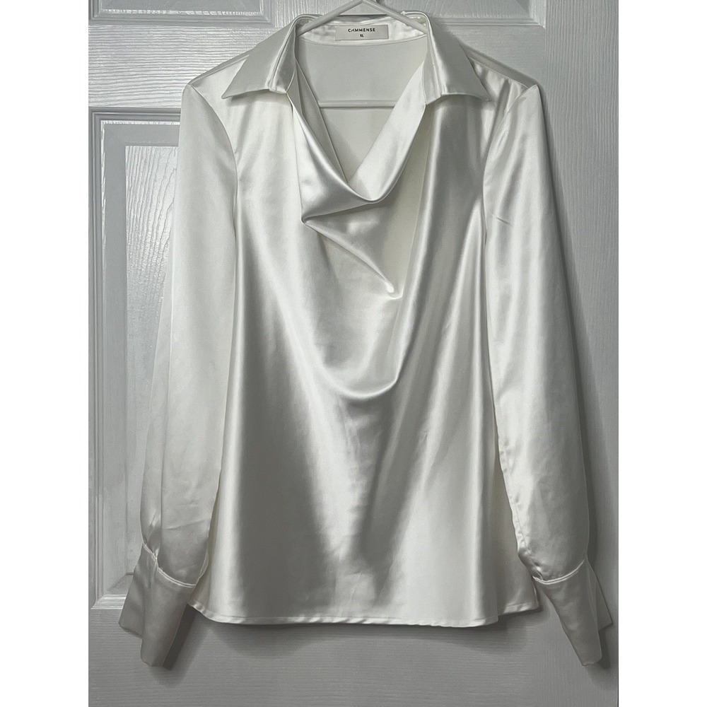 Commense XL Satin‎ Cowl Neck Blouse Ivory White Quiet Luxury Office Chic Top - Picture 2 of 9